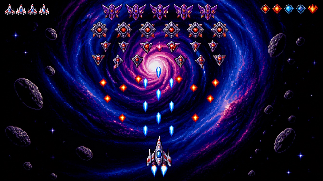 Hyper Vortex mock gameplay: starfighter facing geometric formations inside the vortex