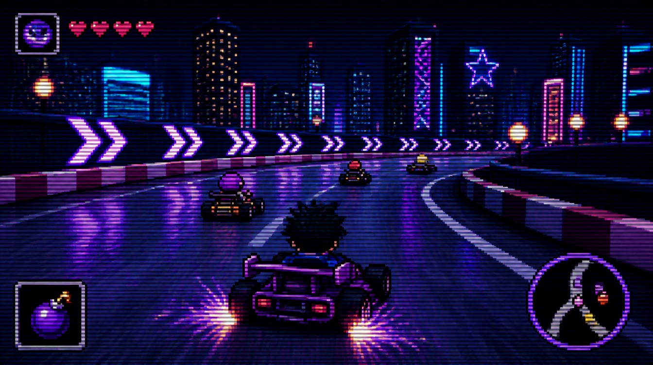 Neon Kart 1994 mock gameplay: pseudo-3D kart drifting through a neon night city